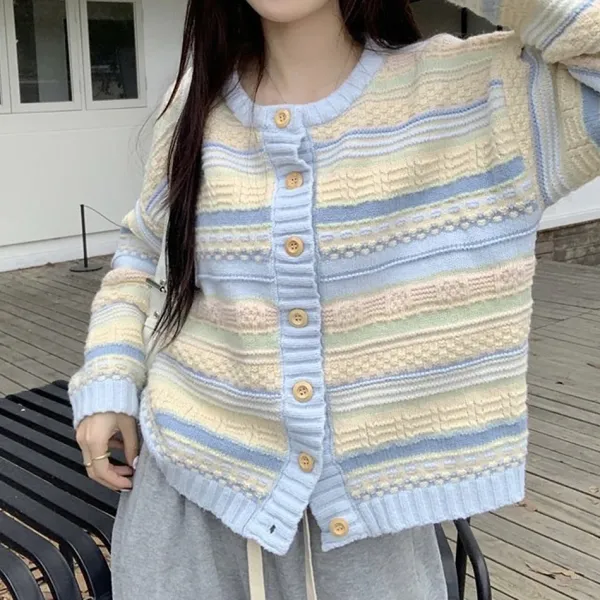 Knit Cardigans|Striped Sweaters*Boogzel Clothing & Yellow Pastel Striped Cardigan Blue