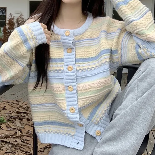 Knit Cardigans|Striped Sweaters*Boogzel Clothing & Yellow Pastel Striped Cardigan Blue