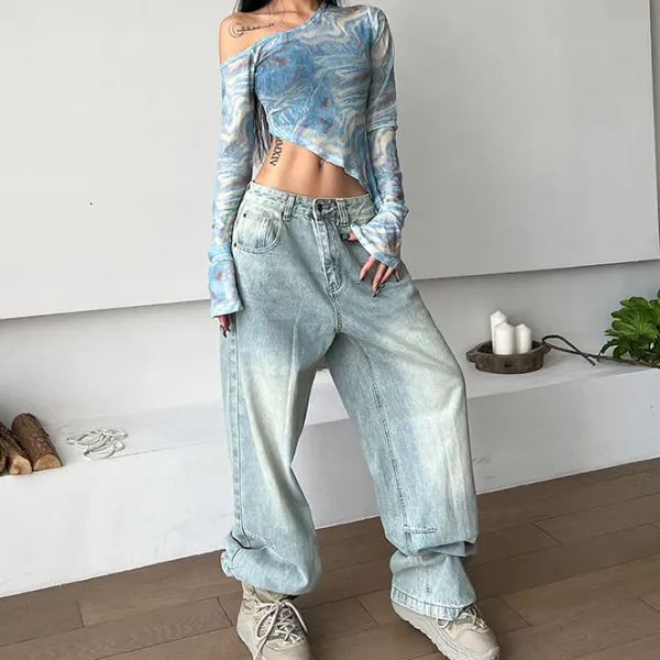 Y2K Tops|Long Sleeve Tops*Boogzel Clothing Marble Asymmetrical Crop Top Blue