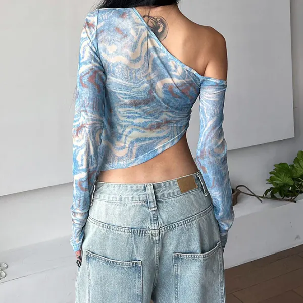 Y2K Tops|Long Sleeve Tops*Boogzel Clothing Marble Asymmetrical Crop Top Blue