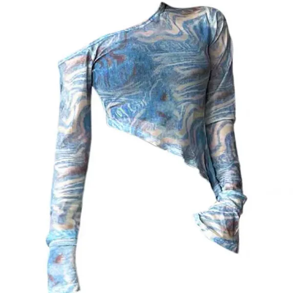 Y2K Tops|Long Sleeve Tops*Boogzel Clothing Marble Asymmetrical Crop Top Blue