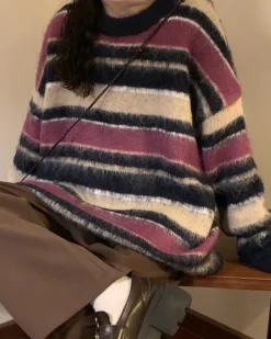 Striped Sweaters|Sweaters*Boogzel Clothing Blueberry & Cream Striped Sweater Purple/beige
