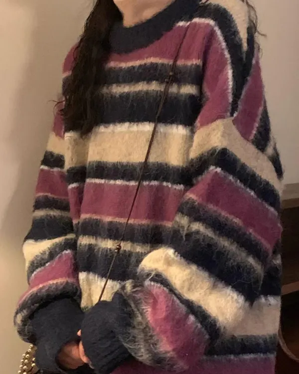 Striped Sweaters|Sweaters*Boogzel Clothing Blueberry & Cream Striped Sweater Purple/beige