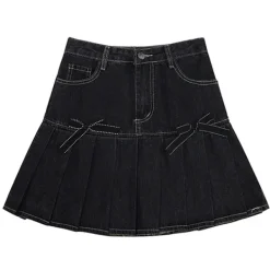 Skirts*Boogzel Clothing Bow Denim Pleated Skirt DarkBlue