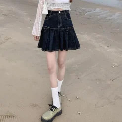 Skirts*Boogzel Clothing Bow Denim Pleated Skirt DarkBlue