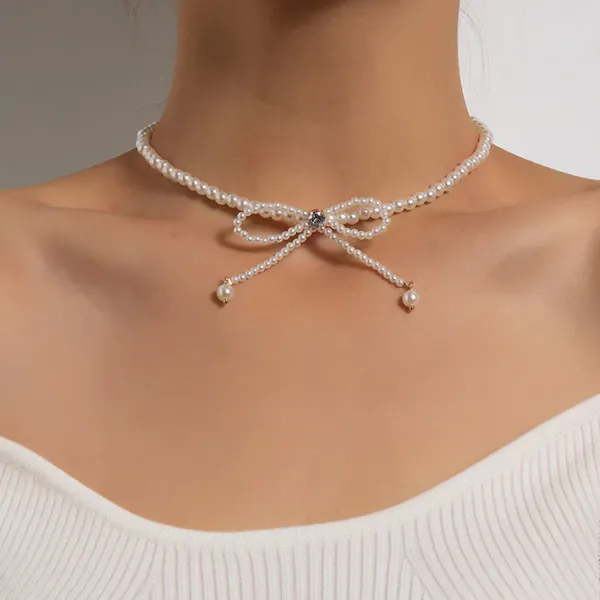 Necklaces & Chokers*Boogzel Clothing Bow Pearl Choker White