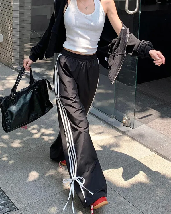 Pants & Trousers*Boogzel Clothing Bow Tie Side Stripe Pants Black/white