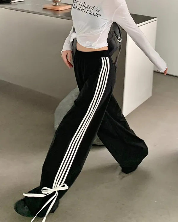 Pants & Trousers*Boogzel Clothing Bow Tie Side Stripe Pants Black/white