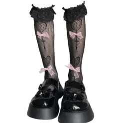 Socks*Boogzel Clothing Bows Fishnet Knee Socks