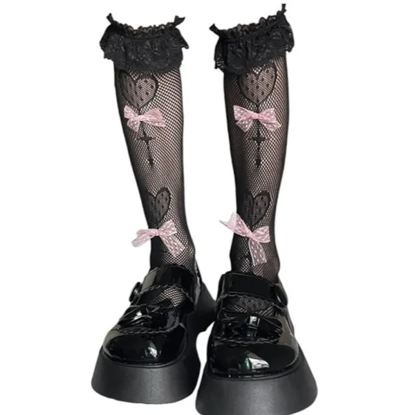Socks*Boogzel Clothing Bows Fishnet Knee Socks