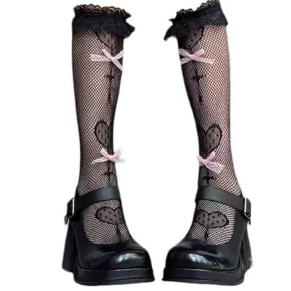 Socks*Boogzel Clothing Bows Fishnet Knee Socks