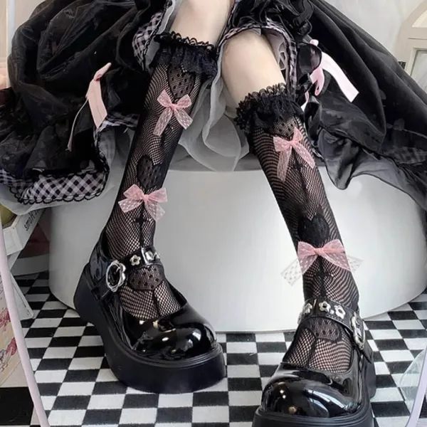 Socks*Boogzel Clothing Bows Fishnet Knee Socks