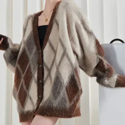 Argyle Sweaters & Vests|Knit Cardigans*Boogzel Clothing Argyle Fuzzy Cardigan Brown