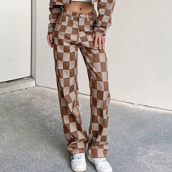 Jeans*Boogzel Clothing Checkered Jeans Brown