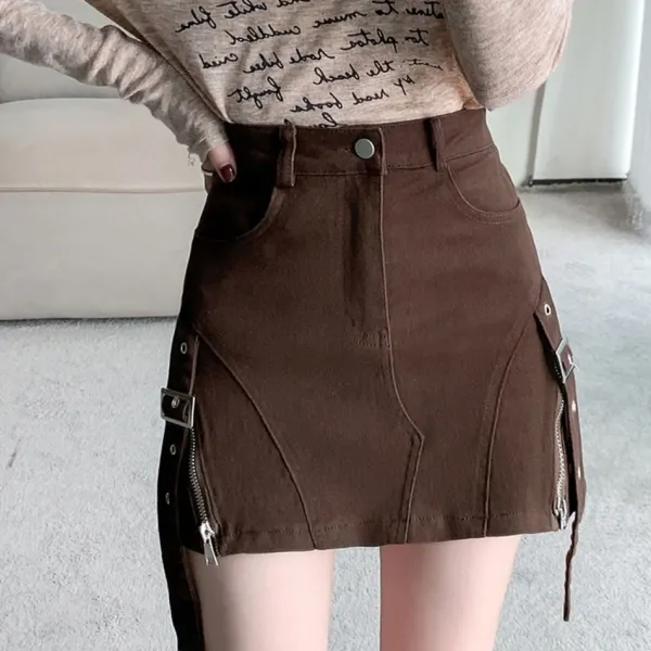Skirts*Boogzel Clothing Denim Buckle Skirt Brown