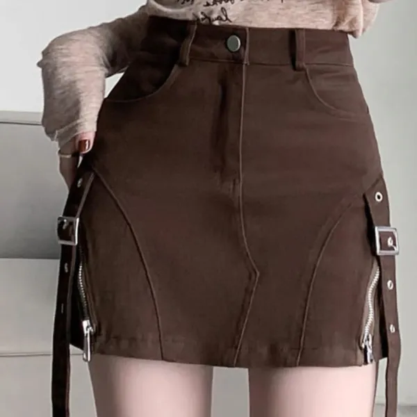 Skirts*Boogzel Clothing Denim Buckle Skirt Brown