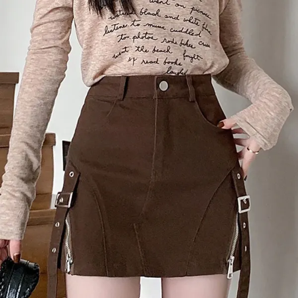 Skirts*Boogzel Clothing Denim Buckle Skirt Brown