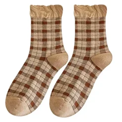 Socks*Boogzel Clothing Plaid Frilly Socks Brown