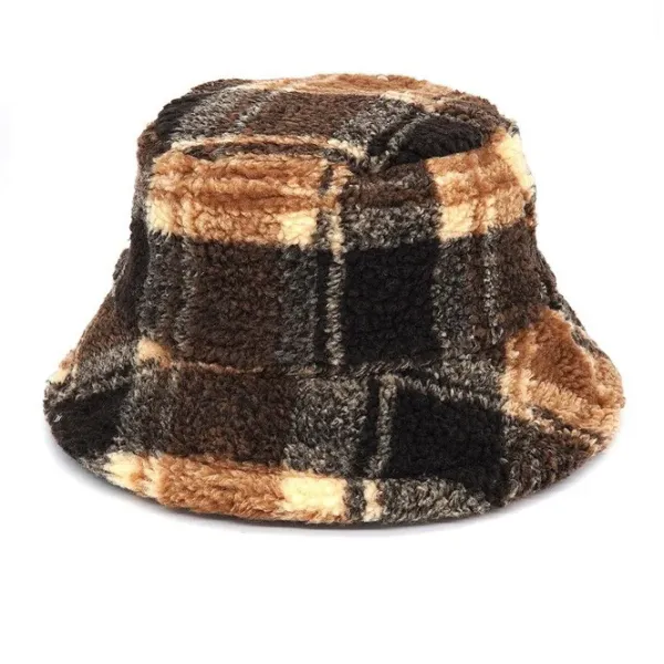 Hats*Boogzel Clothing Plaid Fuzzy Bucket Hat Brown