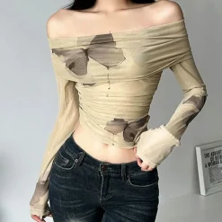 Long Sleeve Tops*Boogzel Clothing Butterfly Aesthetic Bardot Top Beige