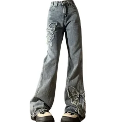 Jeans*Boogzel Clothing Butterfly Aesthetic Y2K Flare Jeans Grey