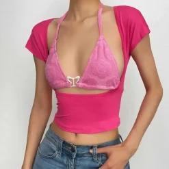 Y2K Tops|Crop Tops*Boogzel Clothing Butterfly Bikini Top with Short Sleeve Tee Pink