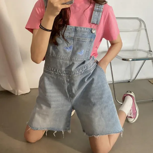 Shorts*Boogzel Clothing Butterfly Denim Dungaree Shorts Blue