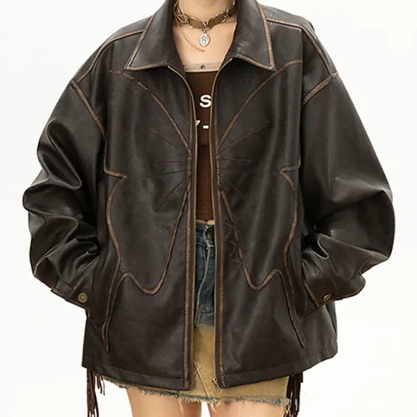 Coats & Jackets*Boogzel Clothing Butterfly Distressed Leather Jacket Brown
