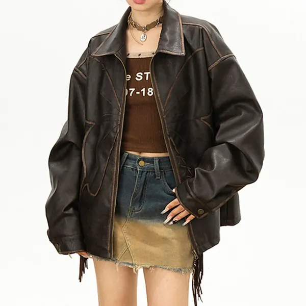 Coats & Jackets*Boogzel Clothing Butterfly Distressed Leather Jacket Brown