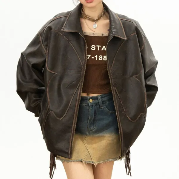 Coats & Jackets*Boogzel Clothing Butterfly Distressed Leather Jacket Brown