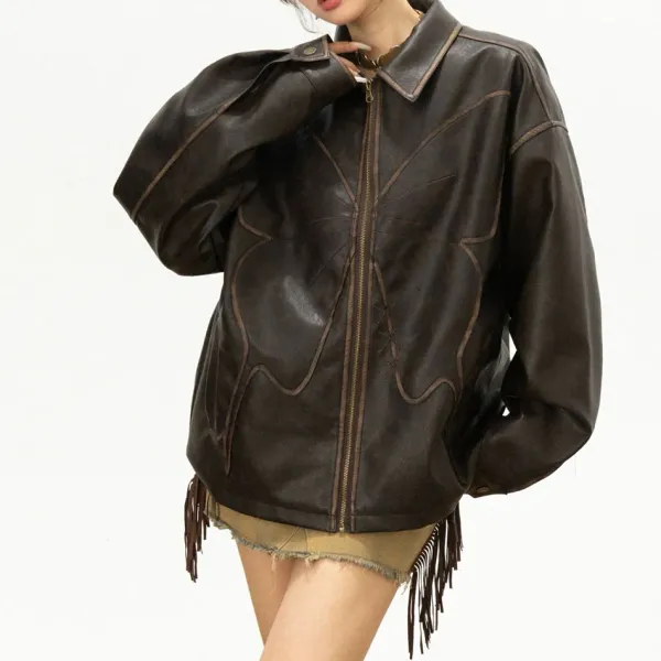 Coats & Jackets*Boogzel Clothing Butterfly Distressed Leather Jacket Brown