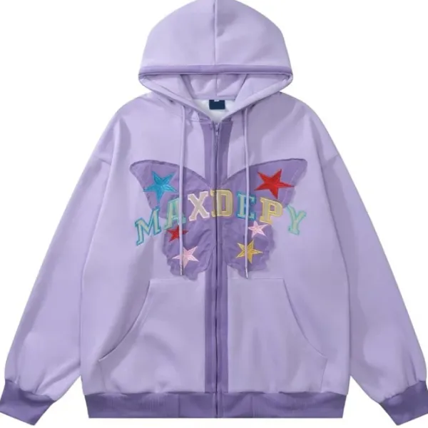 Hoodies*Boogzel Clothing Butterfly Embroidery Zip Up Hoodie