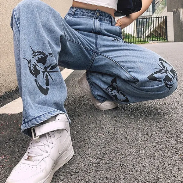 Jeans*Boogzel Clothing Butterfly Print Jeans Blue