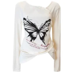 Y2K Tops|Long Sleeve Tops*Boogzel Clothing Butterfly Print See Through Top White/black