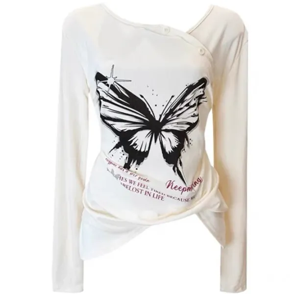 Y2K Tops|Long Sleeve Tops*Boogzel Clothing Butterfly Print See Through Top White/black