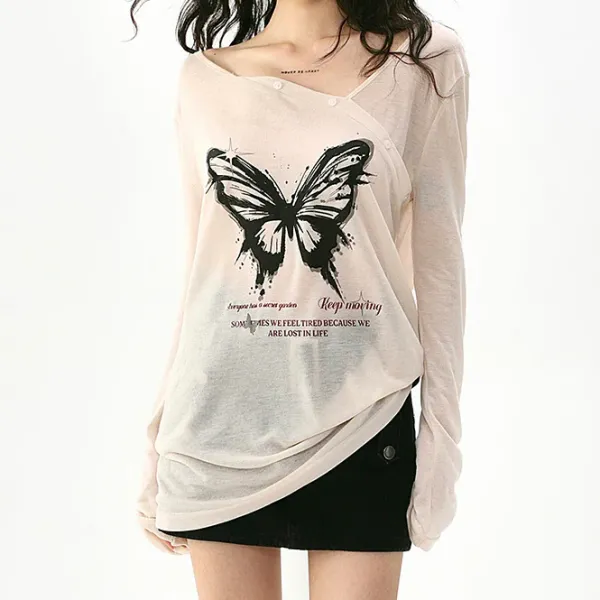 Y2K Tops|Long Sleeve Tops*Boogzel Clothing Butterfly Print See Through Top White/black