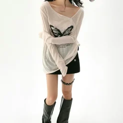 Y2K Tops|Long Sleeve Tops*Boogzel Clothing Butterfly Print See Through Top White/black