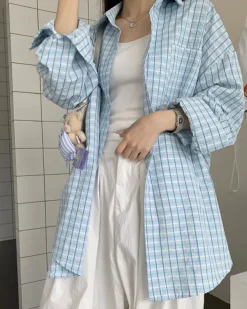 Long Sleeve Tops*Boogzel Clothing Campus Secret Plaid Shirt Blue