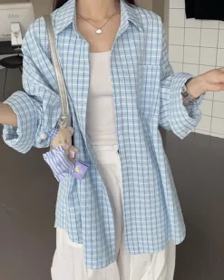 Long Sleeve Tops*Boogzel Clothing Campus Secret Plaid Shirt Blue