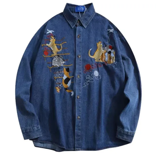 Mens*Boogzel Clothing Cat Embroidery Vintage Style Denim Shirt Blue