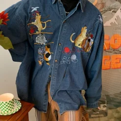 Mens*Boogzel Clothing Cat Embroidery Vintage Style Denim Shirt Blue