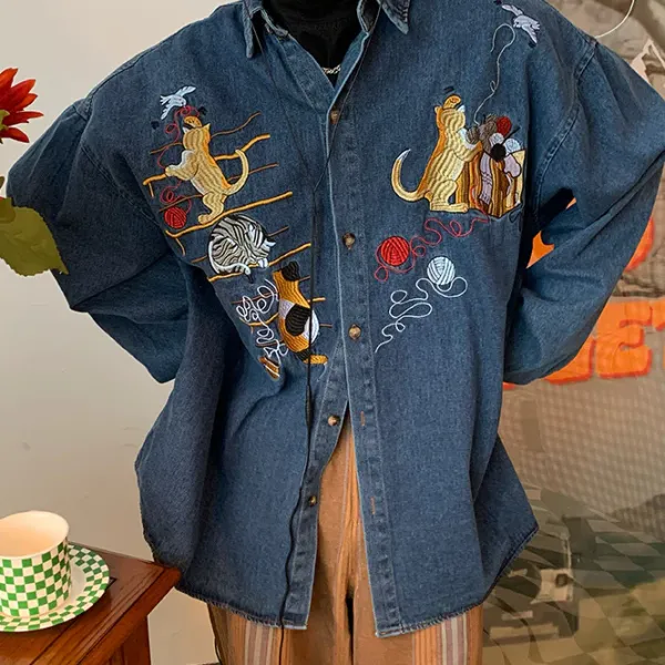 Mens*Boogzel Clothing Cat Embroidery Vintage Style Denim Shirt Blue