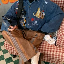 Mens*Boogzel Clothing Cat Embroidery Vintage Style Denim Shirt Blue