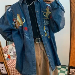 Mens*Boogzel Clothing Cat Embroidery Vintage Style Denim Shirt Blue