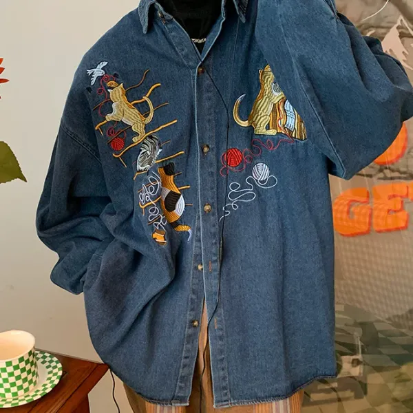 Mens*Boogzel Clothing Cat Embroidery Vintage Style Denim Shirt Blue