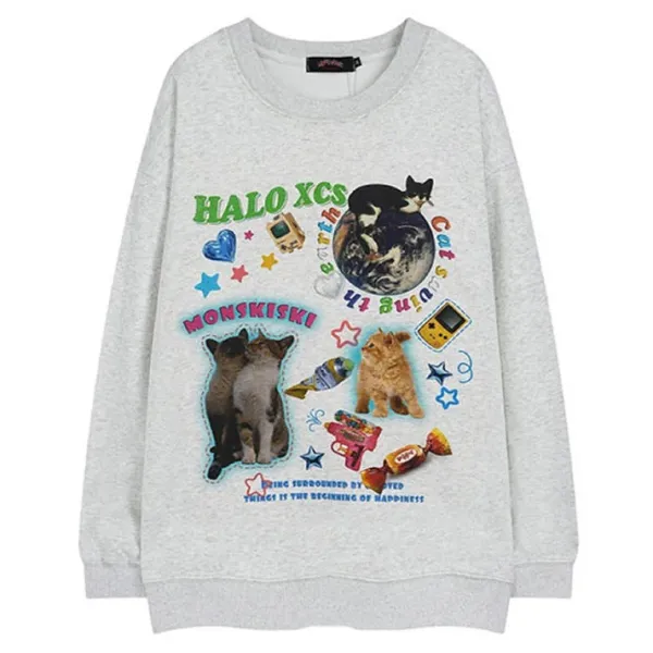 Hoodies*Boogzel Clothing Cat Planet Graphic Sweatshirt Grey