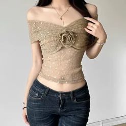 Crop Tops*Boogzel Clothing Charming Rose Bardot Mesh Top Beige