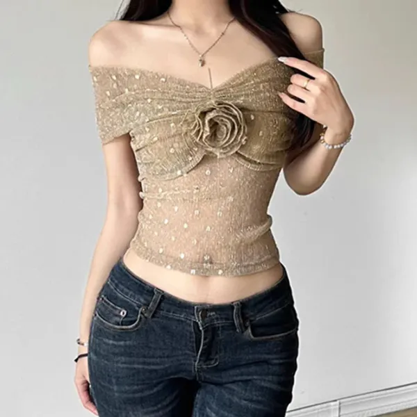 Crop Tops*Boogzel Clothing Charming Rose Bardot Mesh Top Beige