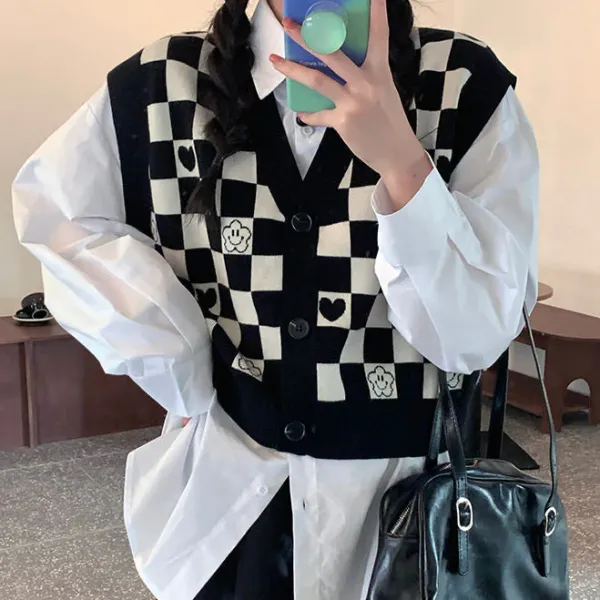 Knit Vests*Boogzel Clothing Checkerboard Cropped Vest Black/white