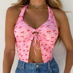 Crop Tops*Boogzel Clothing Cherry Blossom Halter Top Pink